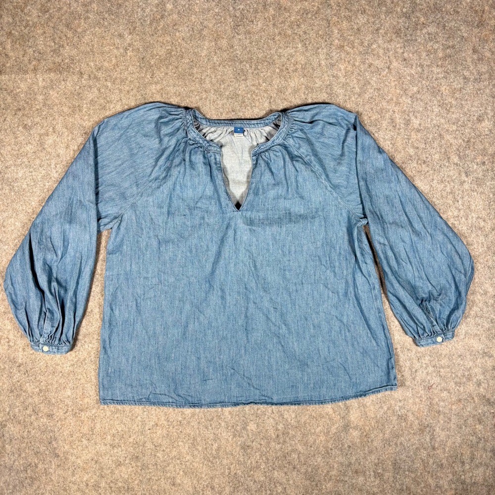 Old Navy Peasant Blouse Womens M Blue Chambray V-Neck Balloon Sleeve Denim Boho